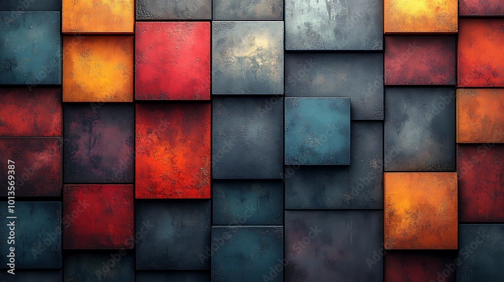 Fototapeta premium Vibrant geometric pattern of textured tiles in rich colors expressing modern artistic design