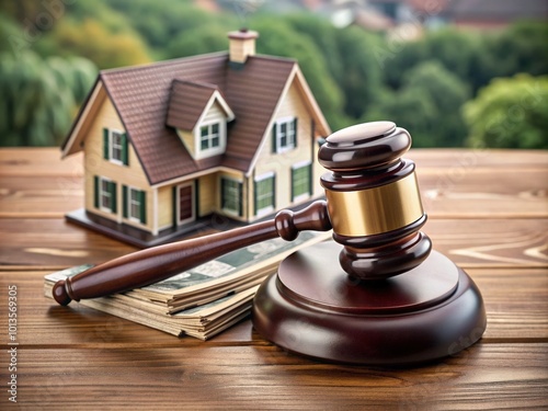 A judge's gavel lies on a desk amidst real estate documents, cash, and a miniature house, symbolizing legal decisions on property purchases and financial loans. photo