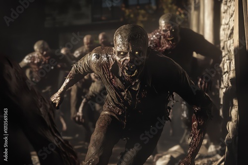 A zombie horde breaking through a barricade. 