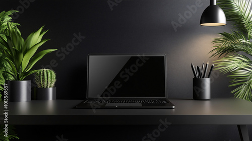 Wallpaper Mural Closed laptop on a minimalist black desk, surrounded by neutral tones, with strong contrast between the desk and background Torontodigital.ca
