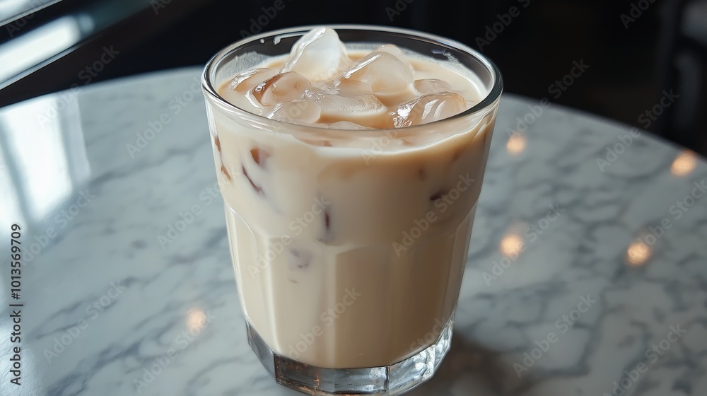 Iced latte with ice cubes in a glass on a white table. Iced latte on a white marble surface. Iced latte with ice cubes in a glass on a white table. Iced latte on a white marble surface.