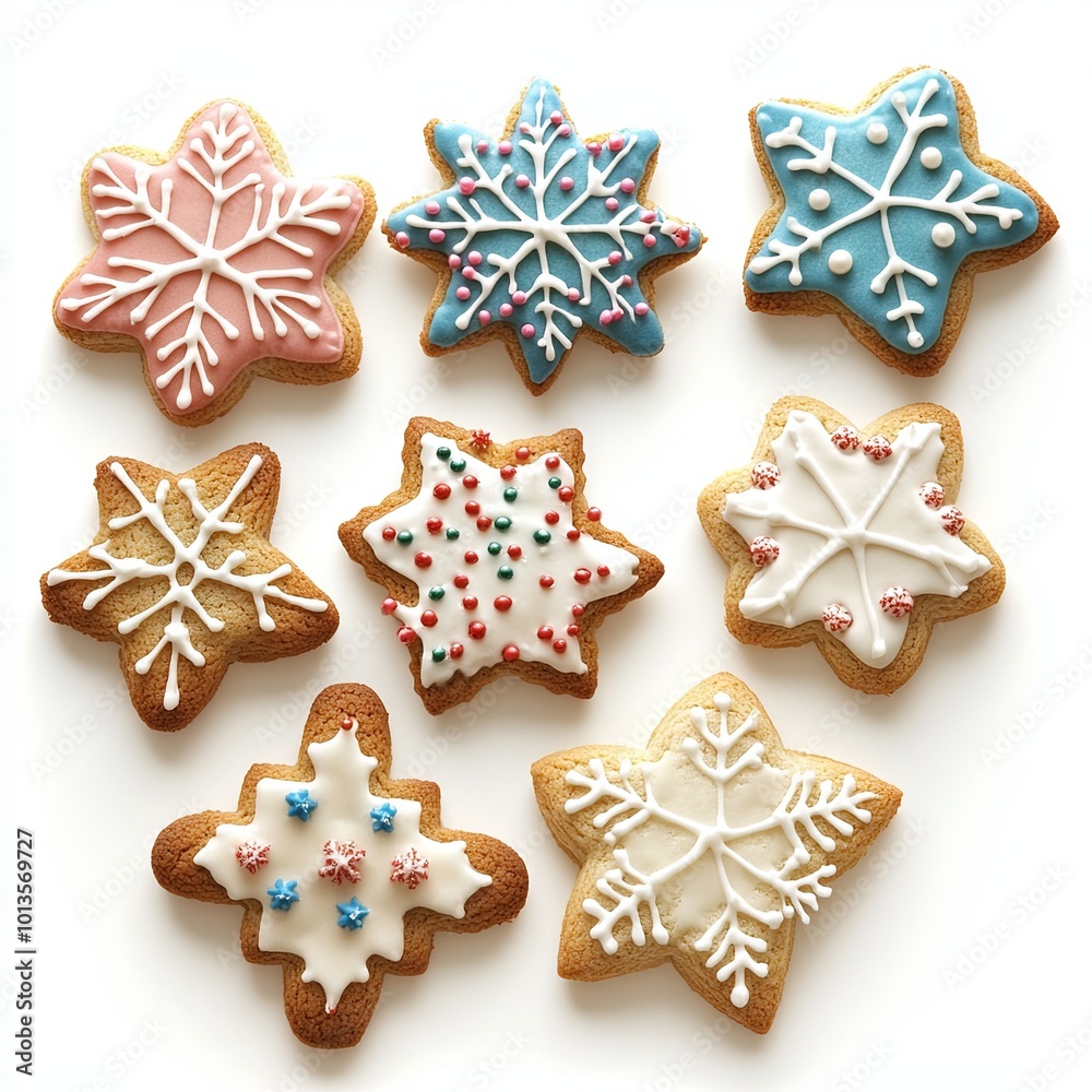 A collection of Christmas cookies with snowflake and star designs, decorated with icing and sprinkles, arranged on a white background. A collection of Christmas cookies with snowflake and star designs, decorated with icing and sprinkles, arranged on a white background.