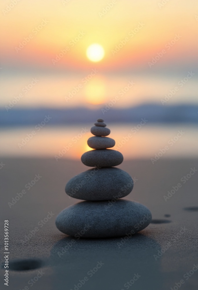 Zen stones on the beach near sea, blurred background, warm sunset light Zen stones on the beach near sea, blurred background, warm sunset light
