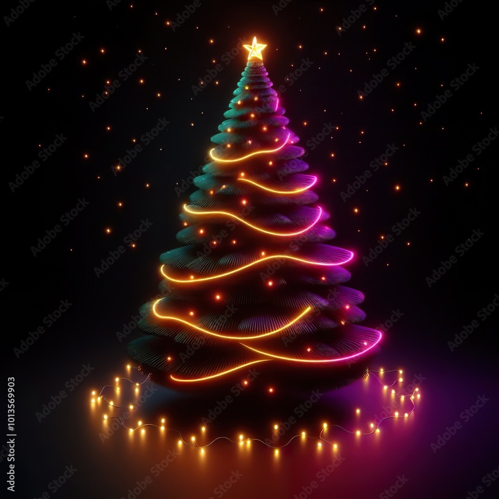 A Beautiful christmas tree on a black background. 3D rendering. Neon lights A Beautiful christmas tree on a black background. 3D rendering. Neon lights