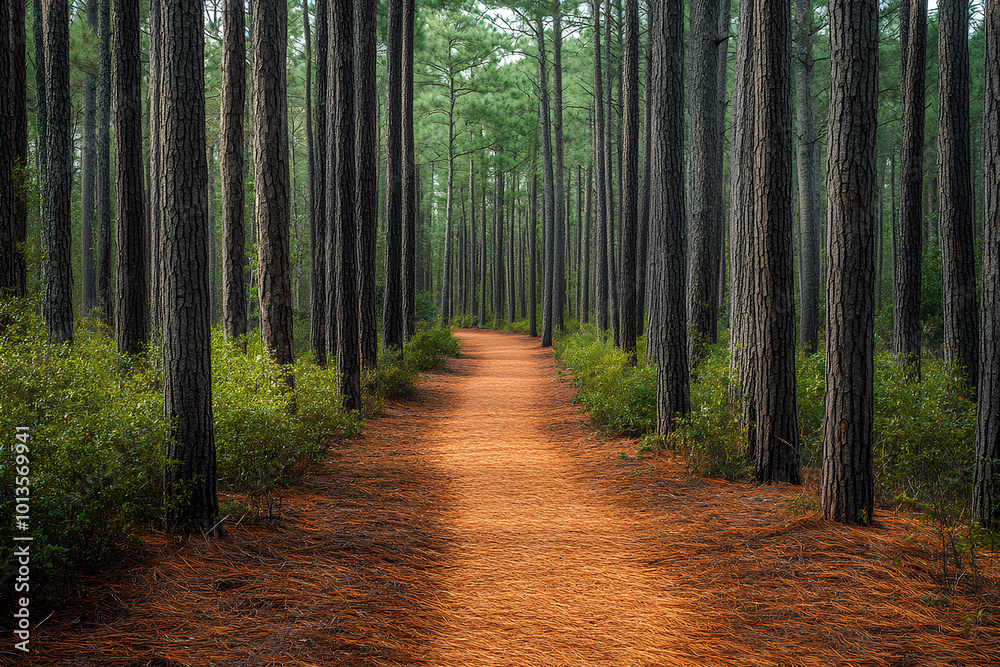 Obraz premium Pathway through pine forest park, inviting and serene for a stroll