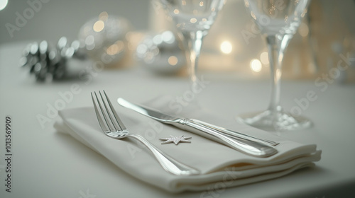 Elegant holiday table setting with silverware and white napkin