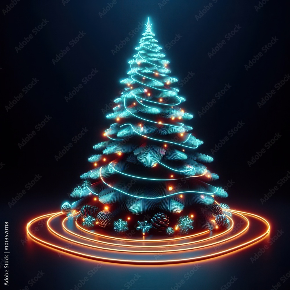A Beautiful christmas tree on a black background. 3D rendering. Neon lights