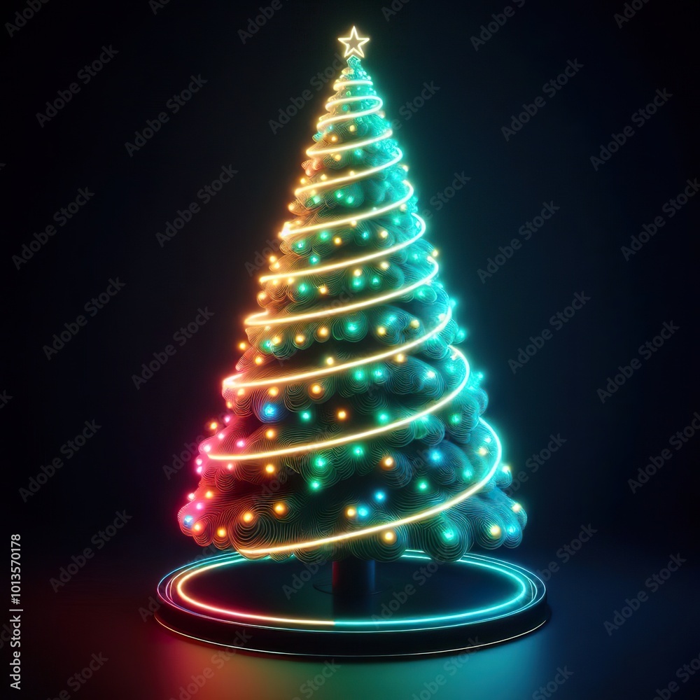 A Beautiful christmas tree on a black background. 3D rendering. Neon lights