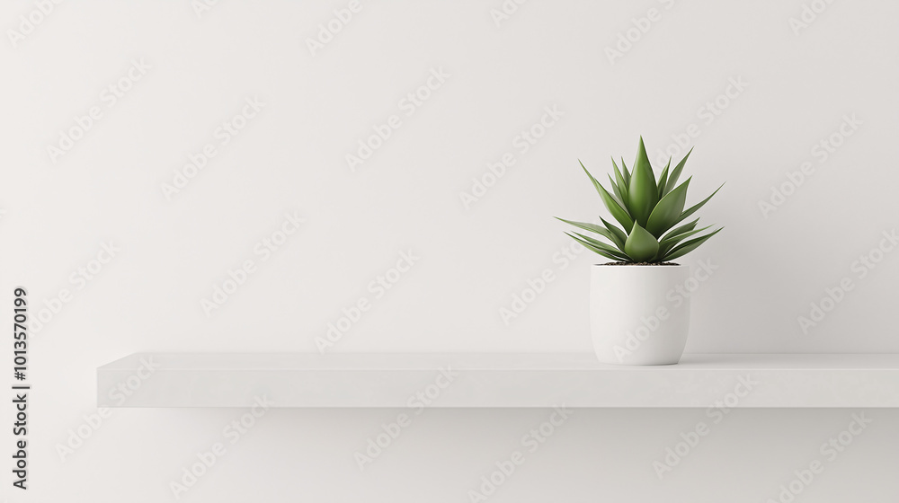 Close-up of a single succulent in a small white ceramic pot on a floating shelf, against a plain white wall, soft natural light illuminating the scene Close-up of a single succulent in a small white ceramic pot on a floating shelf, against a plain white wall, soft natural light illuminating the scene