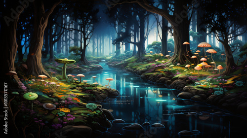 a serene night in an enchanted forest, illuminated by glowing mushrooms and a gentle river reflecting the moonlight.