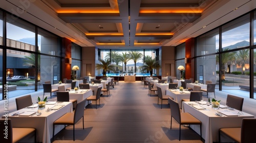 Modern restaurant interior with pool view. Elegant dining design for hospitality and real estate