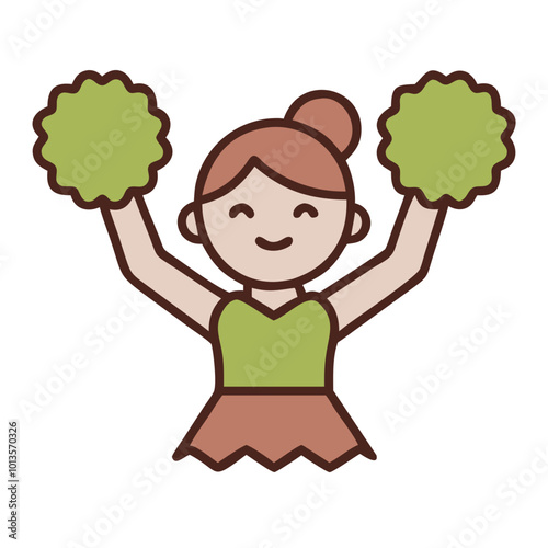 Cheerleader icon with pom-poms, sports illustration in brown and green