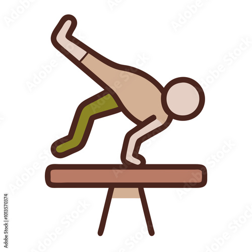 Gymnast on balance beam icon, flat design, brown and green, representing gymnastics and sports