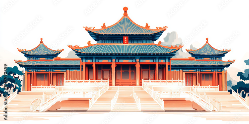 Fototapeta premium Chinese traditional ancient architecture art illustration