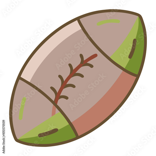 Cartoon style rugby ball with stitched detailing and playful colors  