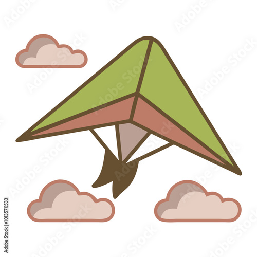 Hang glider icon in flat design, brown and green, representing outdoor adventure and air sports