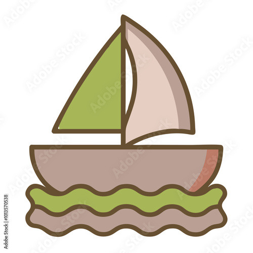 Sailboat icon in flat design, brown and green, symbolizing water sports and outdoor adventure