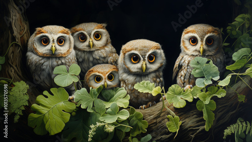 Secret society of wise owlets hidden beneath ancient trees guarding ancient secrets