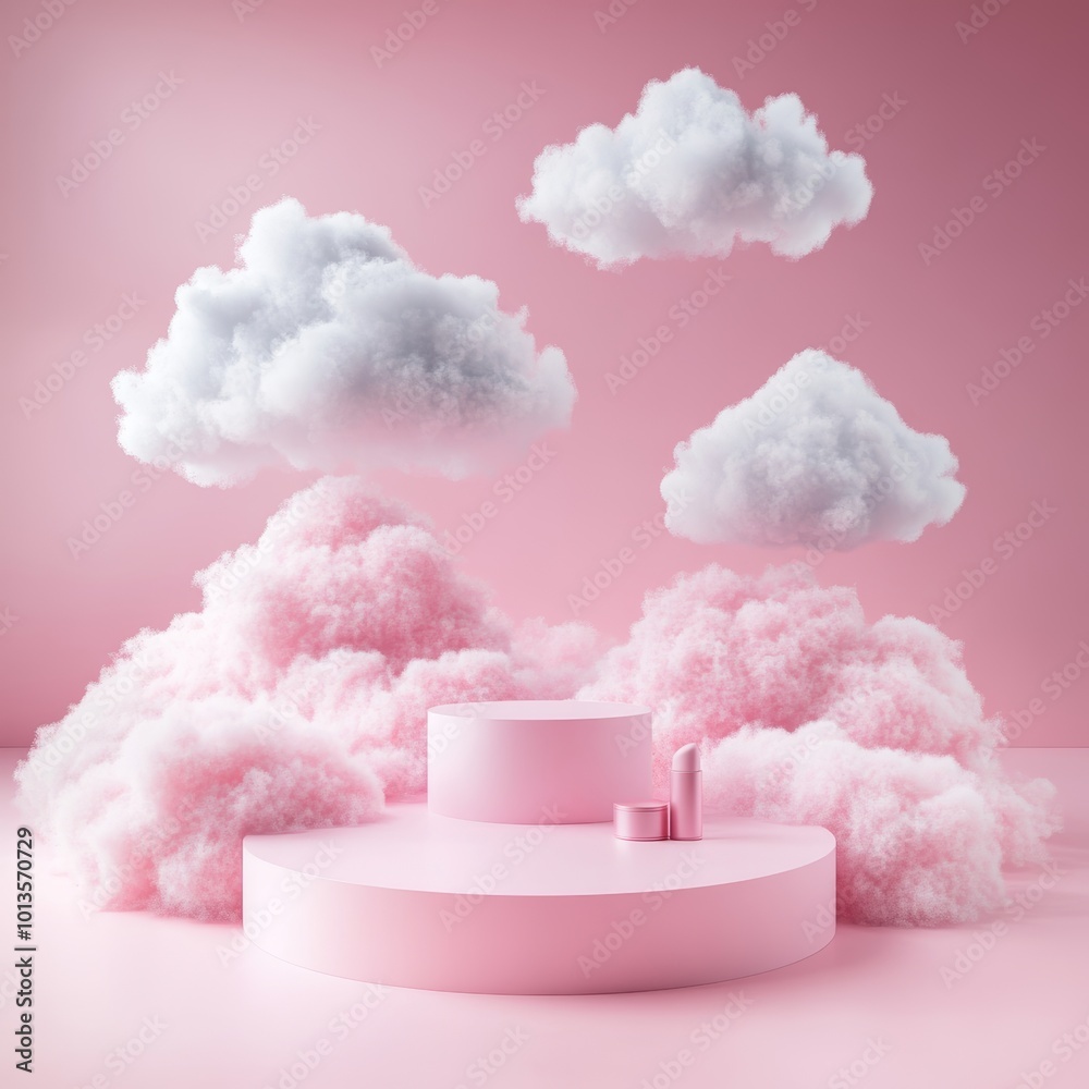 3d render of abstract minimal scene with pink podium and clouds.