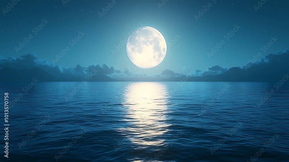 Full moon rising over calm ocean water, illuminated by moonlight, with clouds in the background. Full moon rising over calm ocean water, illuminated by moonlight, with clouds in the background.