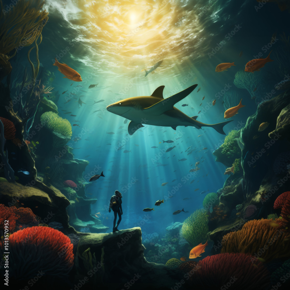 Obraz premium Scuba diving journey into the heart of the ocean encountering sharks manta rays and the beauty of the coral reef