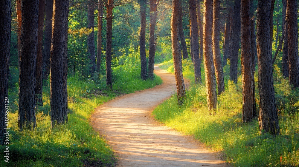 Obraz premium A serene forest path winding through tall trees, bathed in soft morning light, inviting tranquility and exploration in nature.