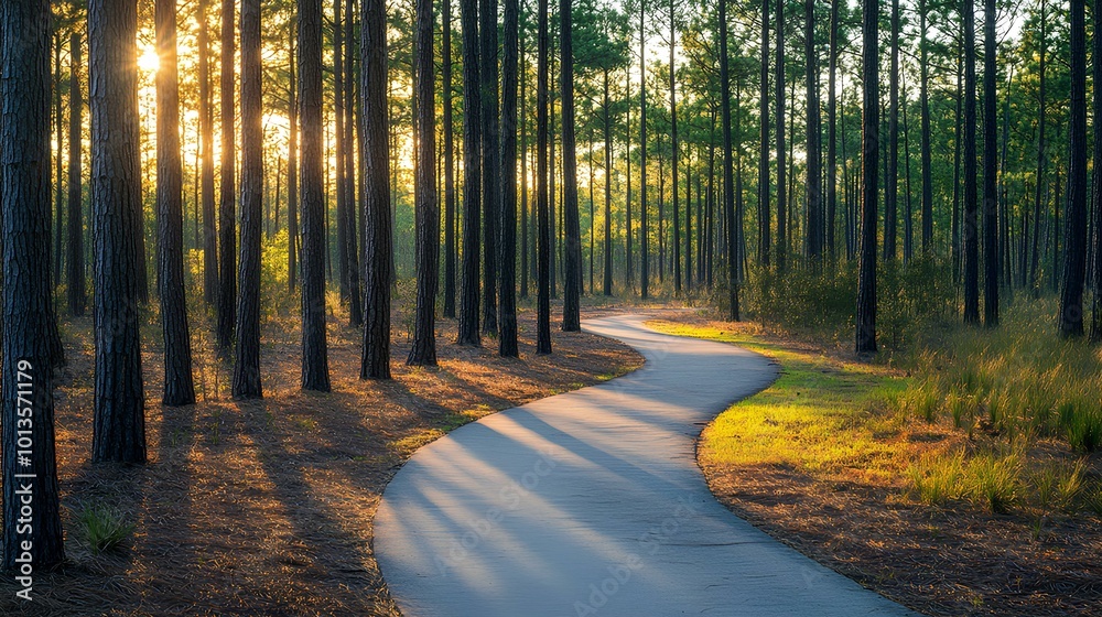 Obraz premium A winding pathway through a sunlit forest, surrounded by tall trees and dappled sunlight casting shadows on the ground.