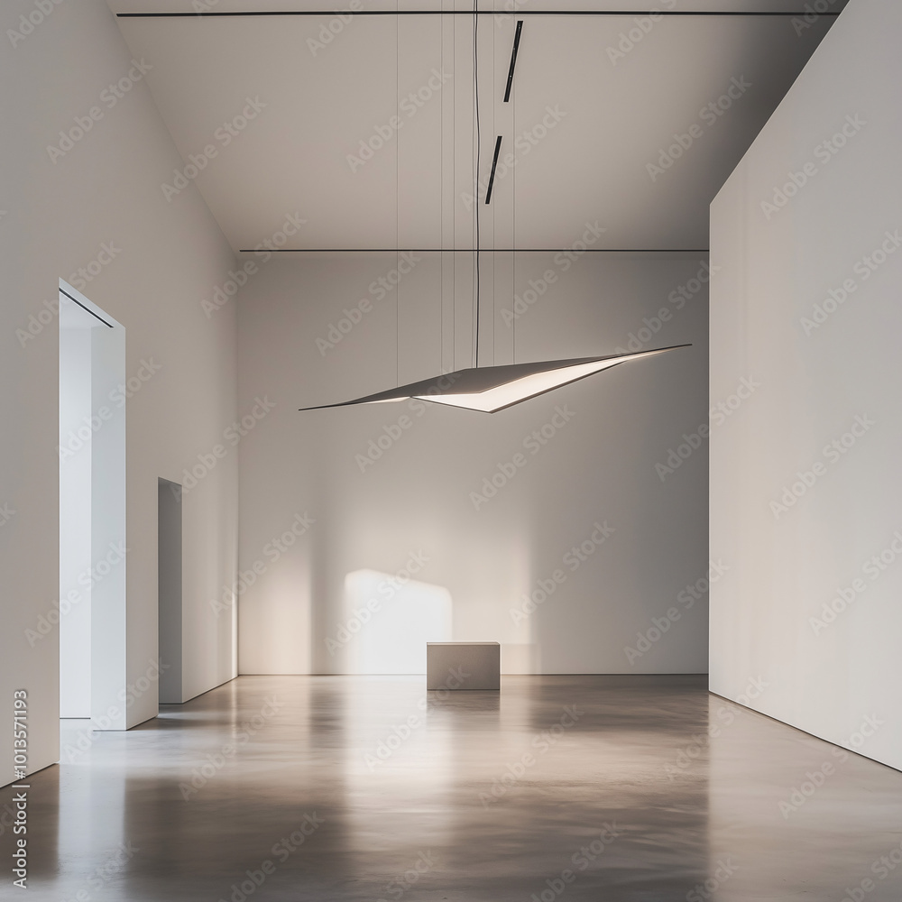 Fototapeta premium Contemporary light fixture with angular design in an open, empty room with white walls