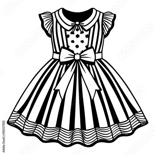 Girls dress design with Frills flat sketch fashion illustration vector template with front and back view, Toddler baby girl dress frock