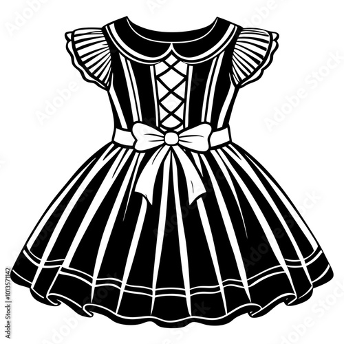 Girls dress design with Frills flat sketch fashion illustration vector template with front and back view, Toddler baby girl dress frock