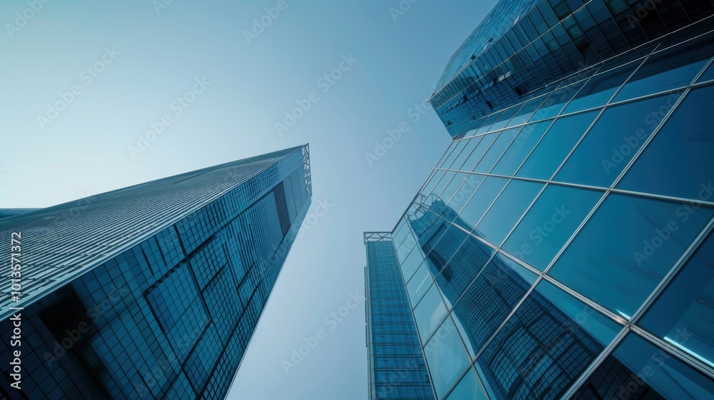 Modern glass skyscrapers from a low angle view. Architectural design and urban modernity concept. Modern glass skyscrapers from a low angle view. Architectural design and urban modernity concept.