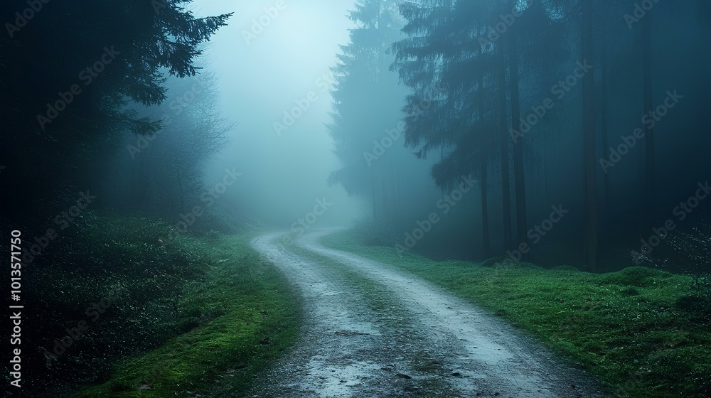 A winding path through a foggy forest, surrounded by lush greenery and tall trees, creates a mysterious atmosphere. A winding path through a foggy forest, surrounded by lush greenery and tall trees, creates a mysterious atmosphere.