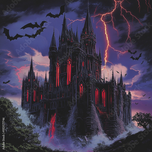 Halloween vampire castle with bats, 1:1 ratio