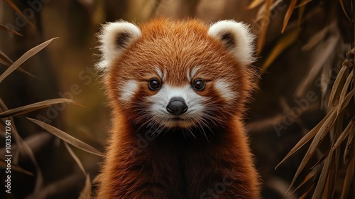 A red panda with a striking gaze, featuring its distinct reddish-brown fur and white facial markings, nestled amidst earth-toned bamboo in a natural habitat.