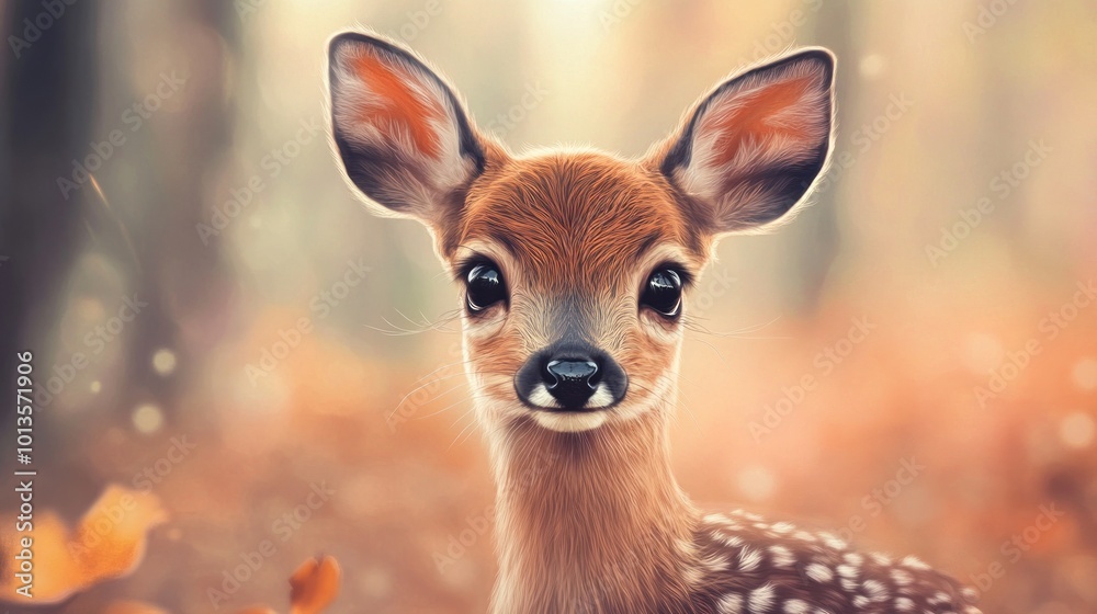 A close-up image of an adorable fawn with big eyes, set against a soft-focused autumnal background with warm tones and scattered fallen leaves. A close-up image of an adorable fawn with big eyes, set against a soft-focused autumnal background with warm tones and scattered fallen leaves.