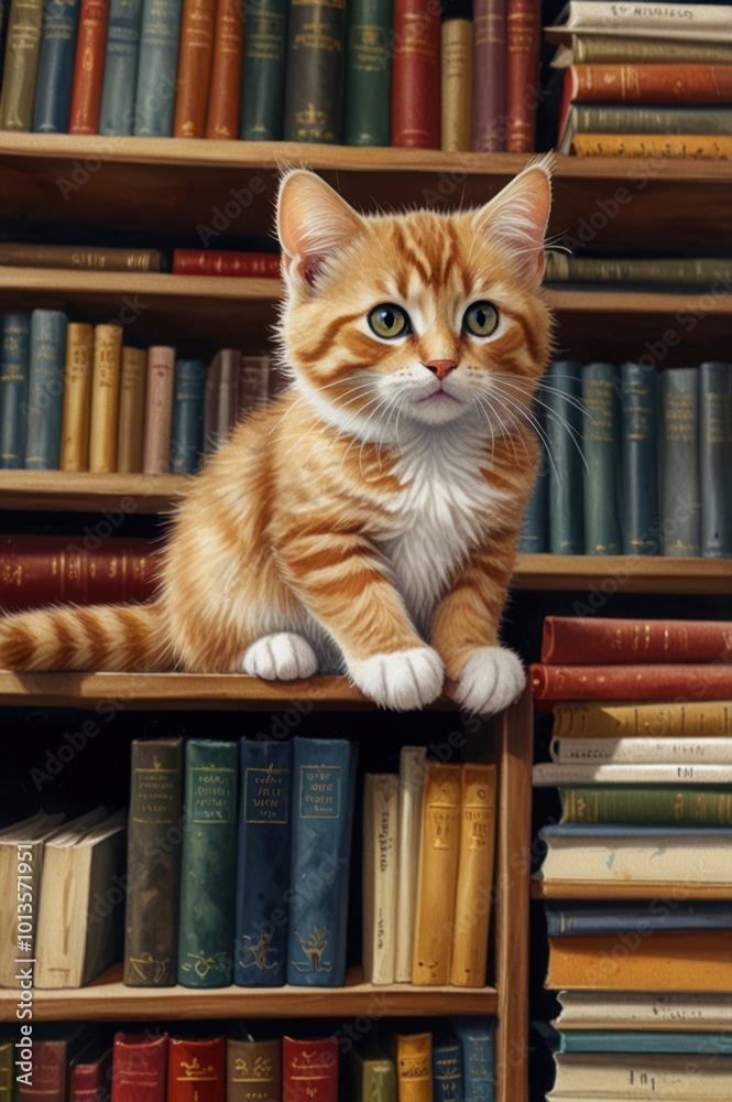 realistic illustration of a cute cat in front of a bookshelf realistic illustration of a cute cat in front of a bookshelf