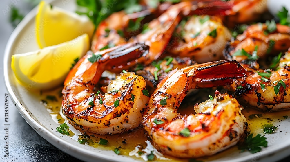 Grilled jumbo shrimp in garlic butter sauce are beautifully presented on a white ceramic plate, showcasing vibrant colors and succulent textures in close-up food photography of Mediterranean cuisine. Grilled jumbo shrimp in garlic butter sauce are beautifully presented on a white ceramic plate, showcasing vibrant colors and succulent textures in close-up food photography of Mediterranean cuisine.