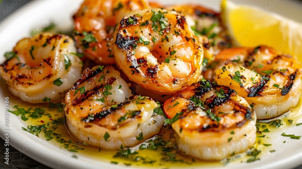 Grilled jumbo shrimp in garlic butter sauce are beautifully presented on a white ceramic plate, showcasing vibrant colors and succulent textures in close-up food photography of Mediterranean cuisine. Grilled jumbo shrimp in garlic butter sauce are beautifully presented on a white ceramic plate, showcasing vibrant colors and succulent textures in close-up food photography of Mediterranean cuisine.
