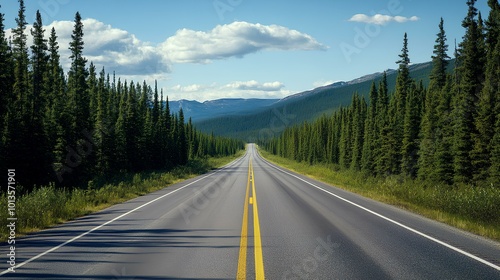 A serene highway stretches through lush greenery under a clear blue sky, with distant mountains framing the horizon.