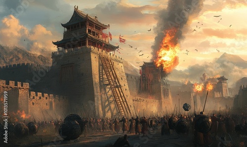Army attacks flaming fortress with ladders.