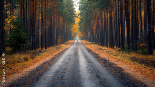 Road cutting through dense forest, towering pines on either side, dramatic and scenic