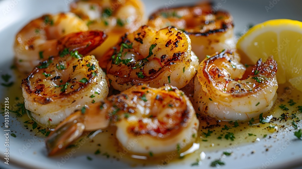 Grilled jumbo shrimp in garlic butter sauce are beautifully presented on a white ceramic plate, showcasing vibrant colors and succulent textures in close-up food photography of Mediterranean cuisine. Grilled jumbo shrimp in garlic butter sauce are beautifully presented on a white ceramic plate, showcasing vibrant colors and succulent textures in close-up food photography of Mediterranean cuisine.