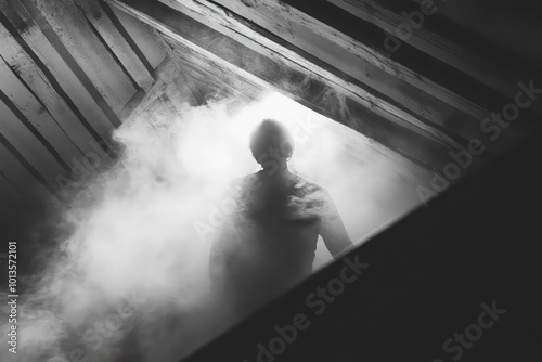 A ghostly figure in a dusty, old attic.