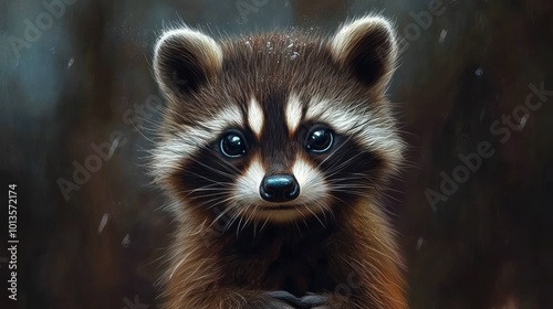 A close-up of a raccoon with a focused gaze, its face framed by dark markings, standing against a blurred dark background with visible floating particles.