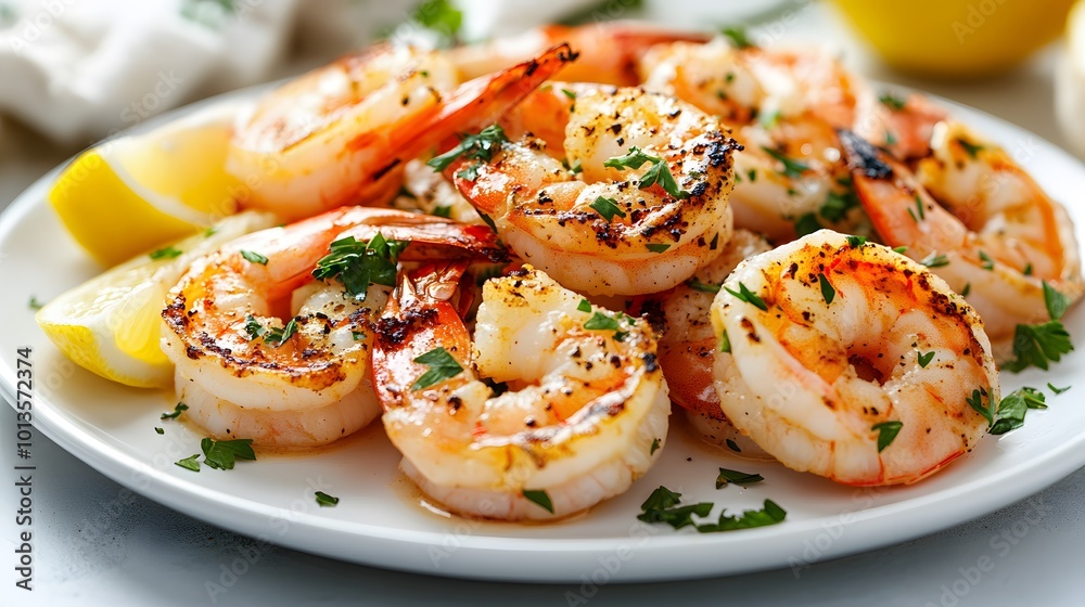 Grilled jumbo shrimp in garlic butter sauce are beautifully presented on a white ceramic plate, showcasing vibrant colors and succulent textures in close-up food photography of Mediterranean cuisine. Grilled jumbo shrimp in garlic butter sauce are beautifully presented on a white ceramic plate, showcasing vibrant colors and succulent textures in close-up food photography of Mediterranean cuisine.