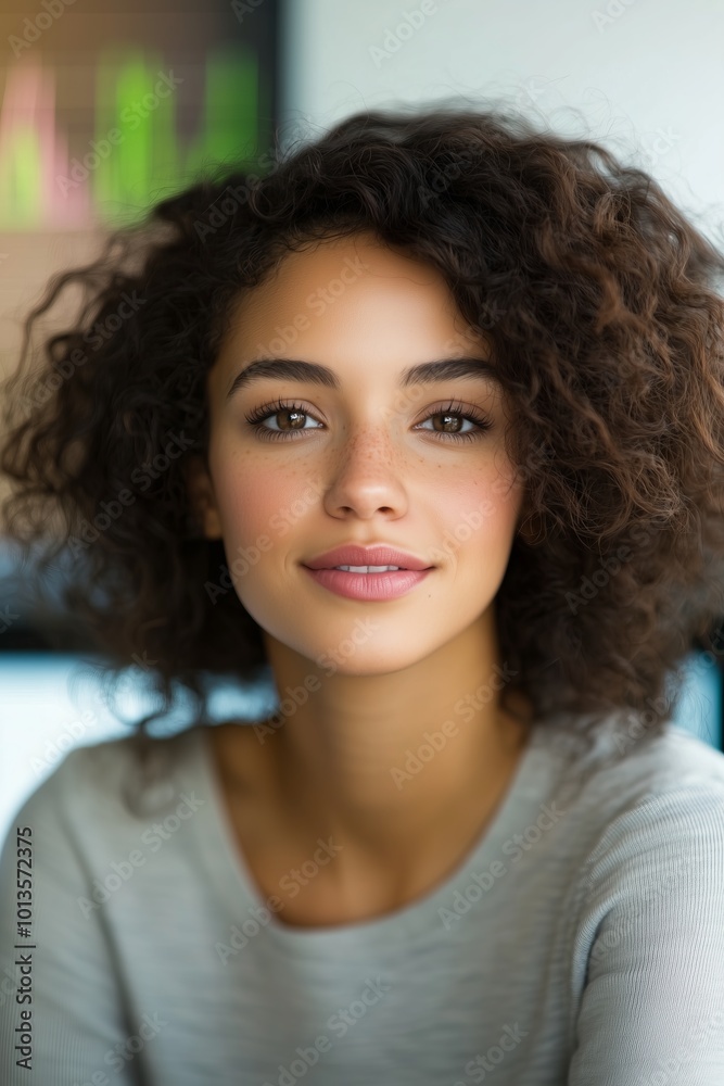 young candid average looking female data scientist, curly hair, wearing casual business attire, sitting at a desk, focused expression young candid average looking female data scientist, curly hair, wearing casual business attire, sitting at a desk, focused expression