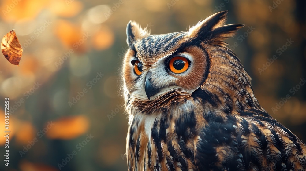 A majestic owl with striking orange eyes gazes intently, its feathers blending seamlessly with the warm, golden hues of the autumn backdrop. A majestic owl with striking orange eyes gazes intently, its feathers blending seamlessly with the warm, golden hues of the autumn backdrop.