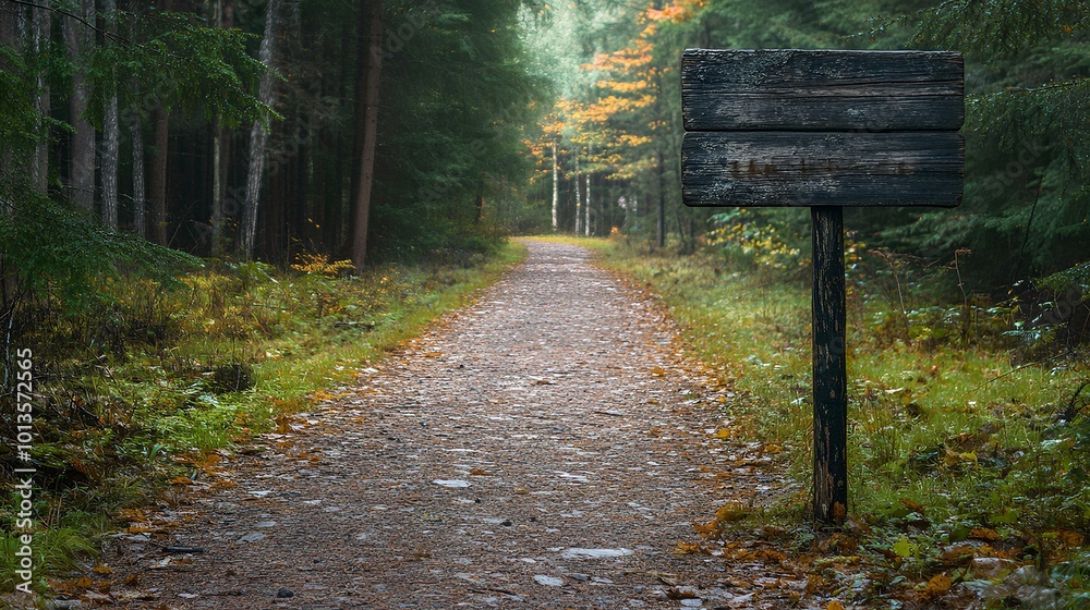 A serene forest path lined with trees, featuring a weathered sign, inviting exploration through vibrant autumn foliage. A serene forest path lined with trees, featuring a weathered sign, inviting exploration through vibrant autumn foliage.