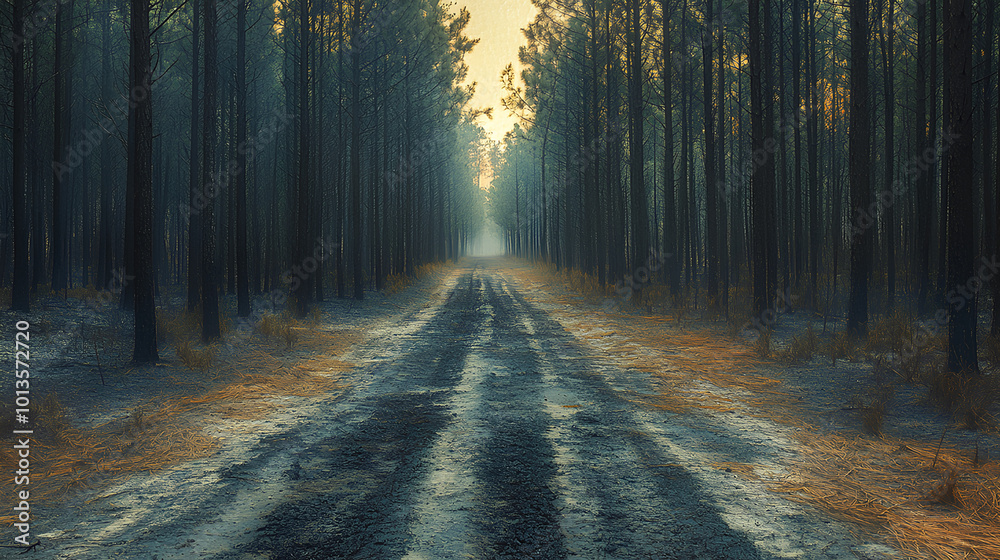 Naklejka premium Road through a fire scorched pine forest, signs of regrowth and resilience