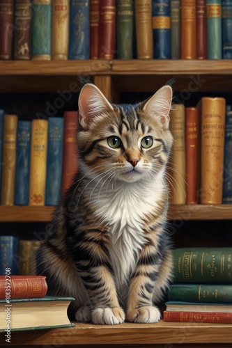 realistic illustration of a cute cat in front of a bookshelf